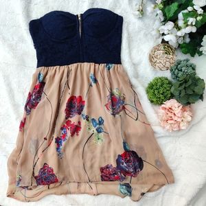 Navy blue lace floral print strapless dress